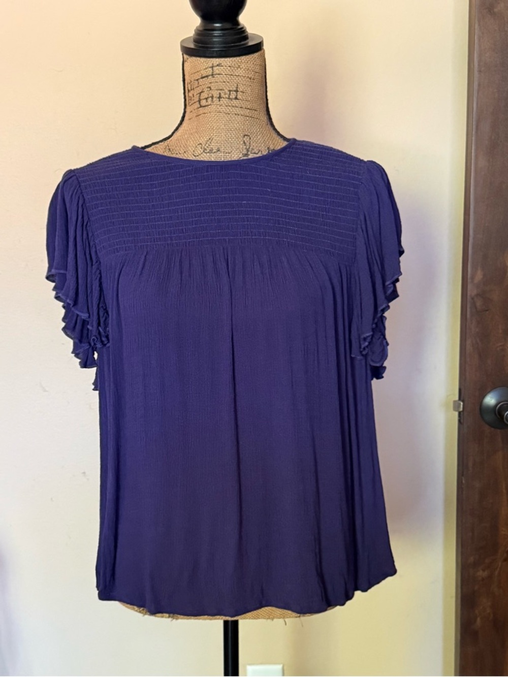Elegant Purple Short-Sleeve Smocked Yoke Blouse